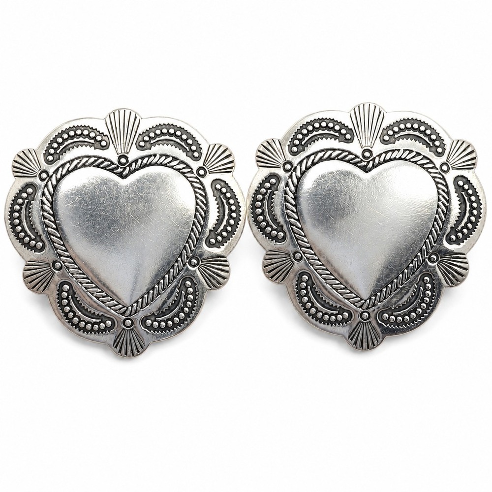 Sterling Silver Heart Concho Post Earrings Southwestern Repoussé 1" Statement